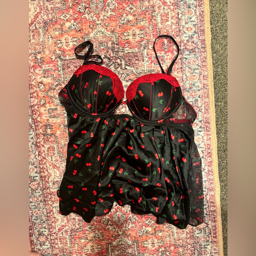 Cherry Print Black and Red Babydoll Lingerie